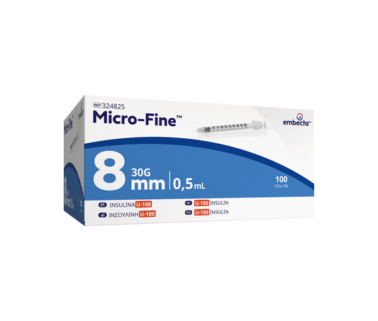 Micro Fine+ 0.5ml U100 Insulin Syringe & Needle 30g x 8mm x 100
